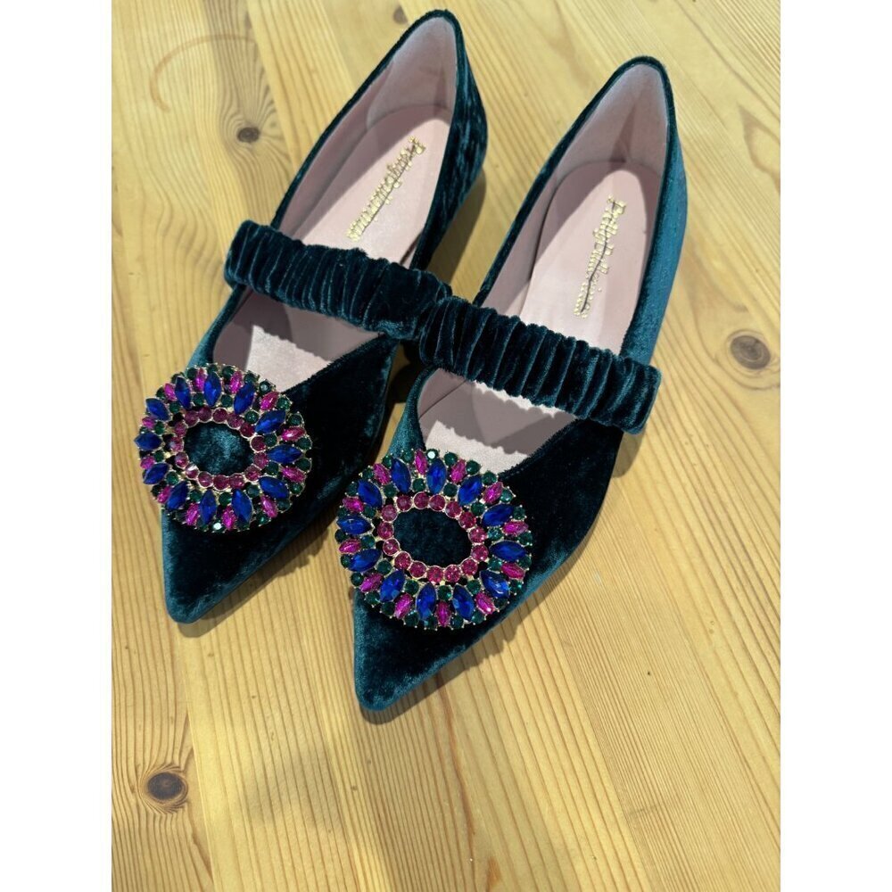 Pretty Ballerinas X FREE PEOPLE Avey Embellished Flats Green Velvet Size 37 NEW - Picture 2 of 6